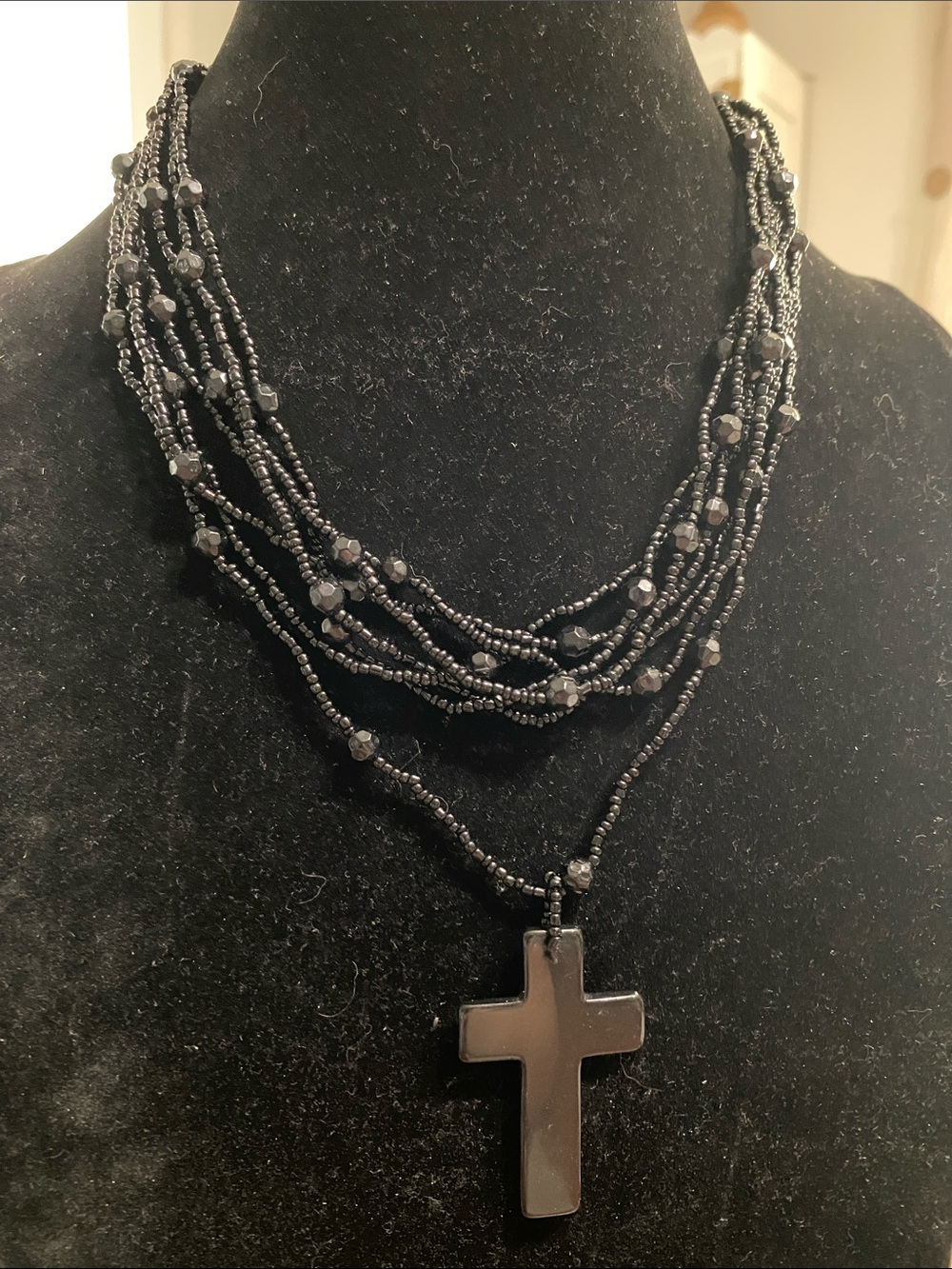 Black Beaded Multi-Strand Necklace with Cross Pendant